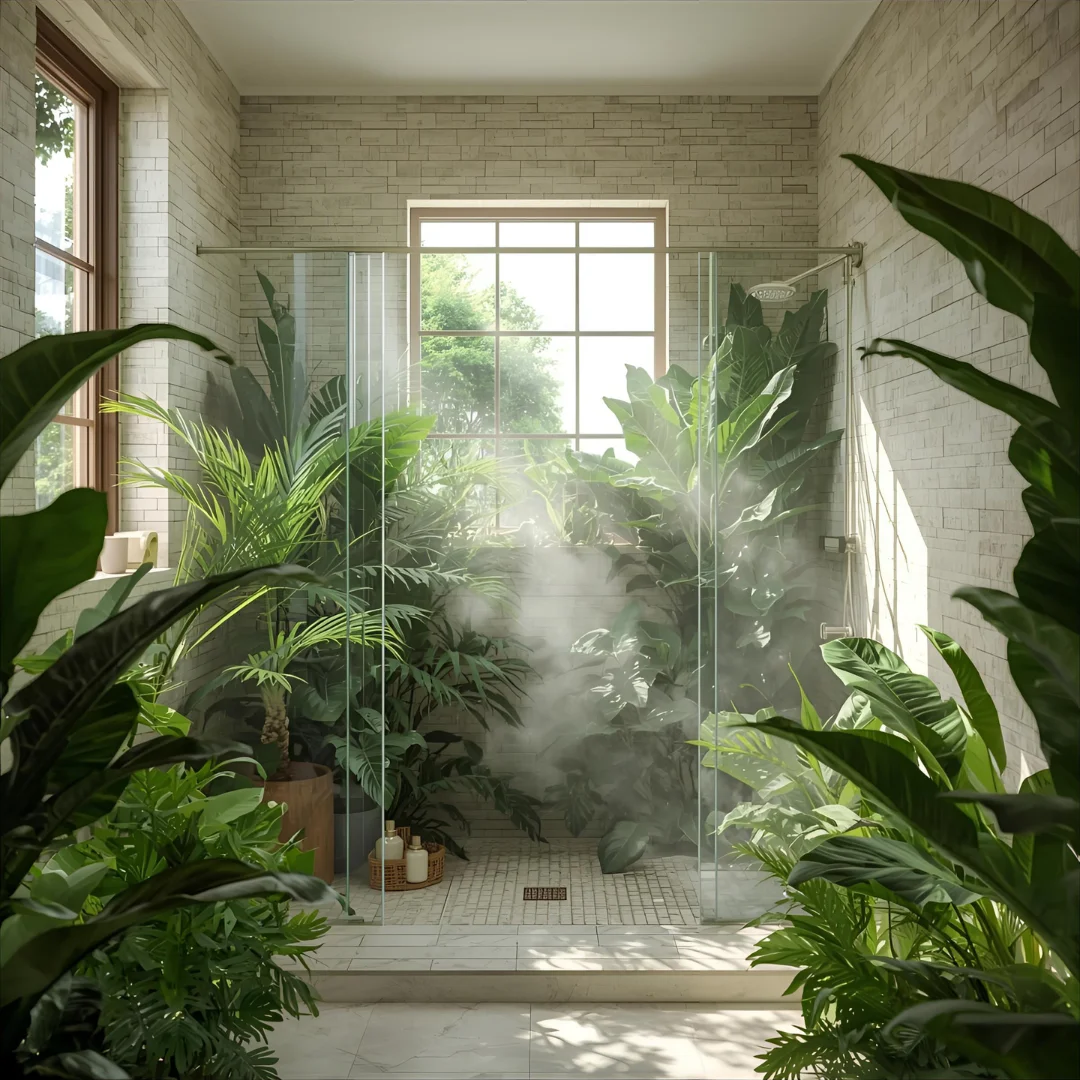 modern bathroom transformed into a lush shower jungle