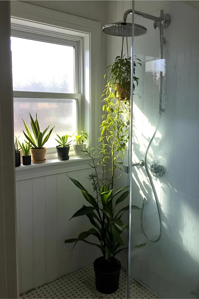 window light illuminating shower plants