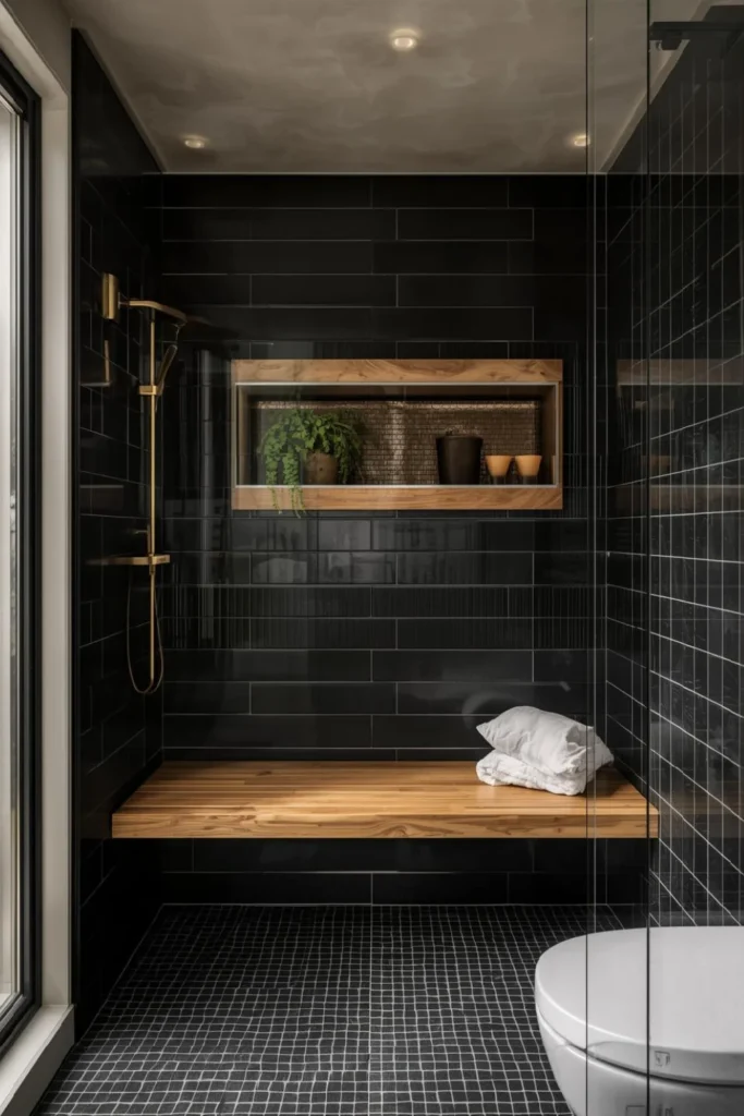 Black Shower with Warm Wood Accents