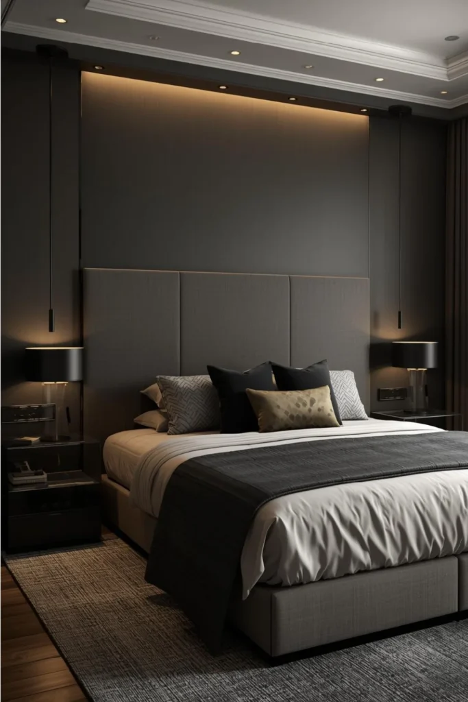 Dark Bedroom with Statement Headboard