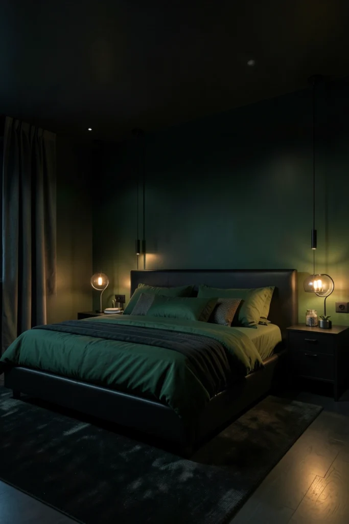 Dark Green And Black Bedroom That Feels Cinematic