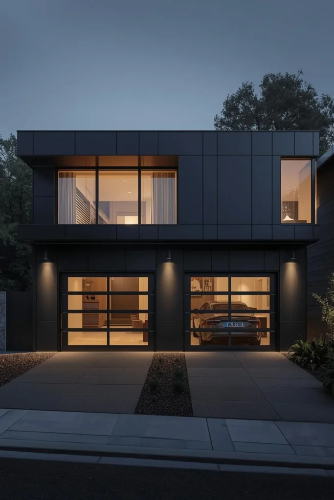 Gunmetal Exterior with Steel and Glass Garage Doors