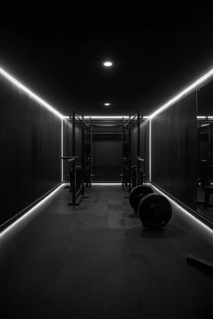 Moody Basement Gym with Built In Lighting