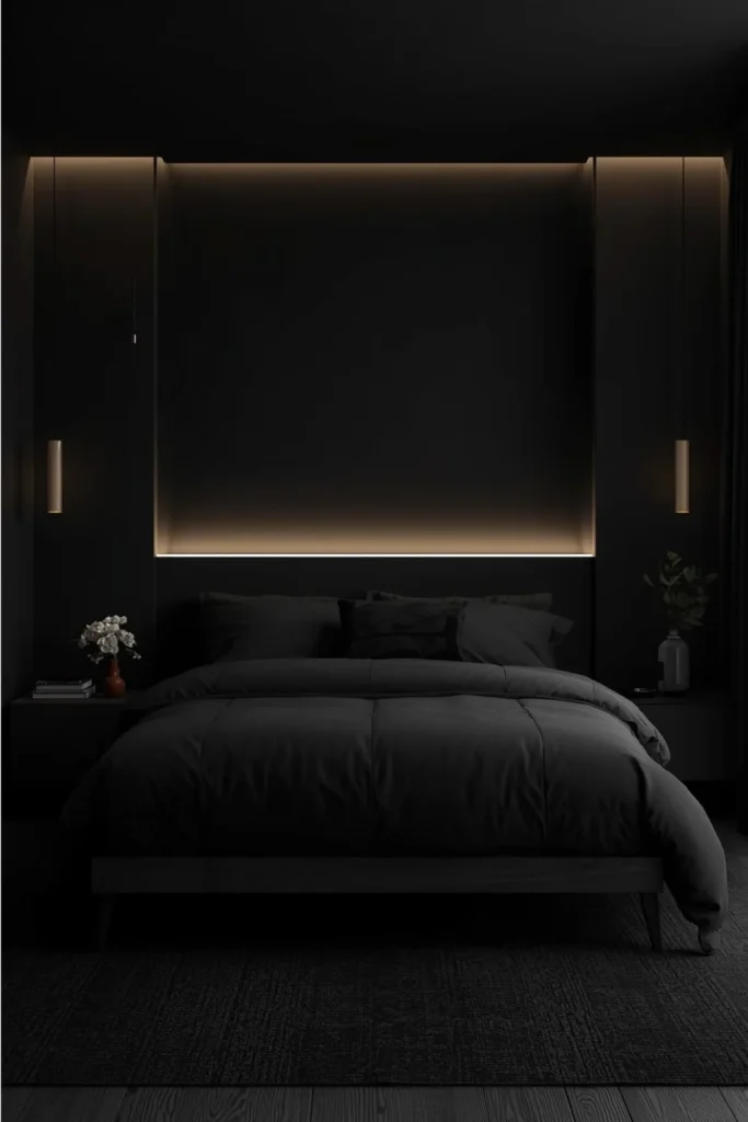 Moody black bedroom with LED Glow