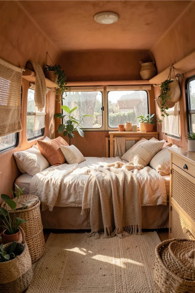 Small Campervan Interior with Earthy Boho Energy