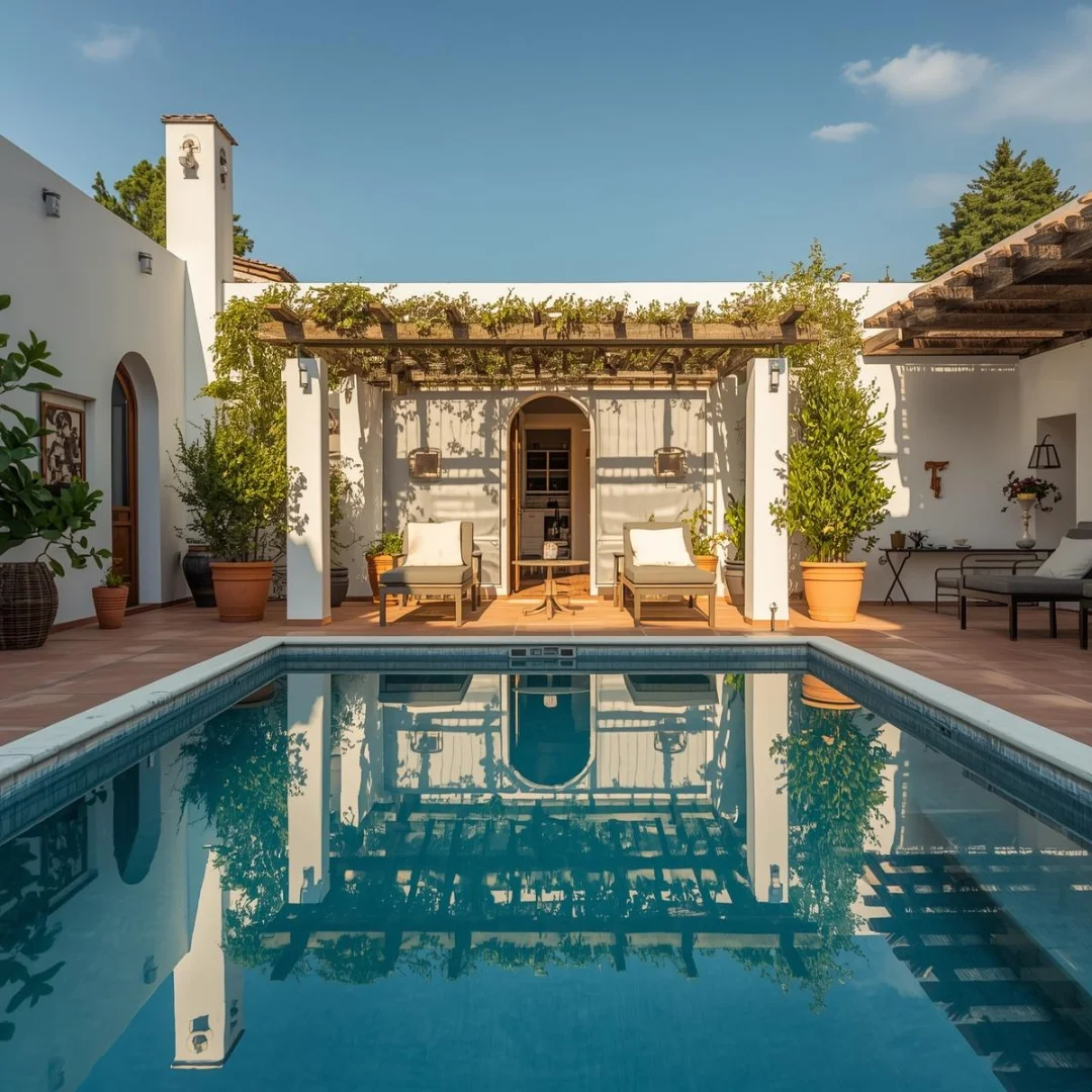 Sunlit Mediterranean courtyard pool