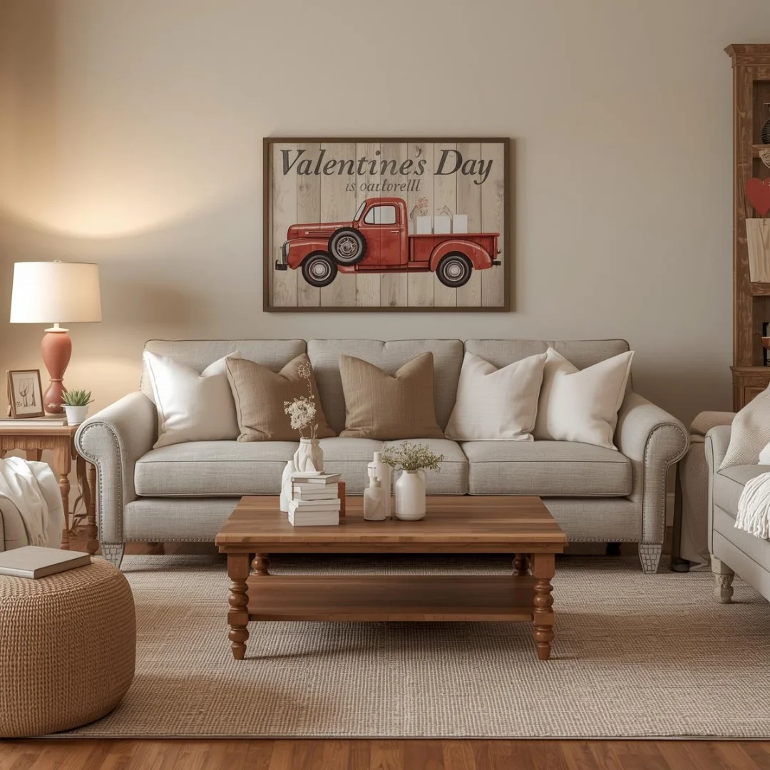 Valentine’s Day, vintage red pickup truck decor