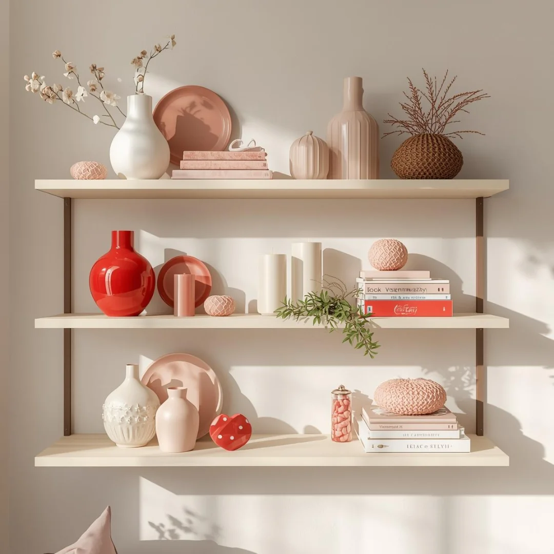 modern shelf decorated for Valentine’s Day