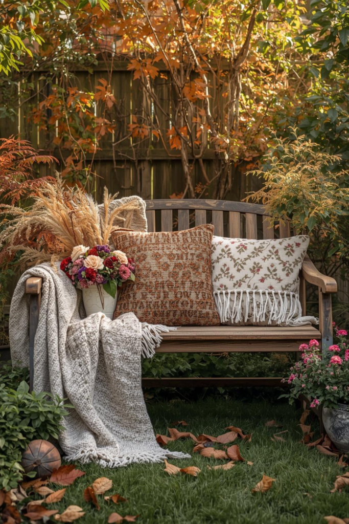 Garden Bench Nook with Fall Throws Foliage1