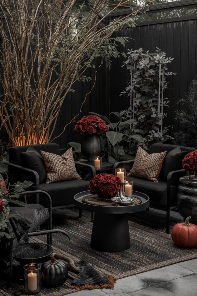 Halloween Patio with Dark Florals Sculptural Decor3