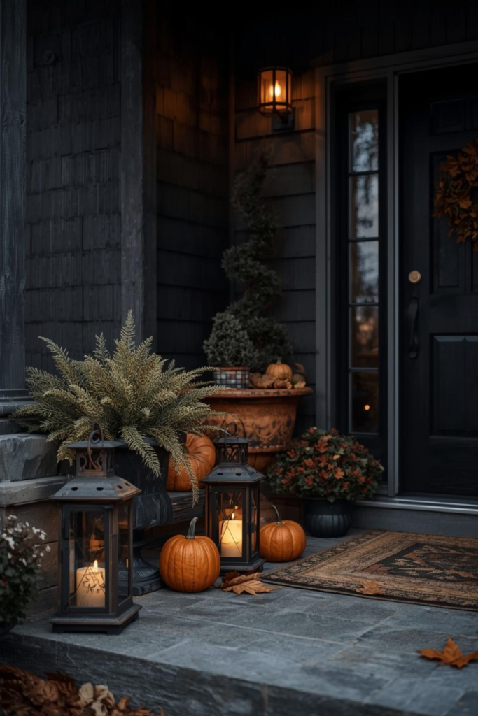 Moody Porch with Pumpkin Planters Lanterns2