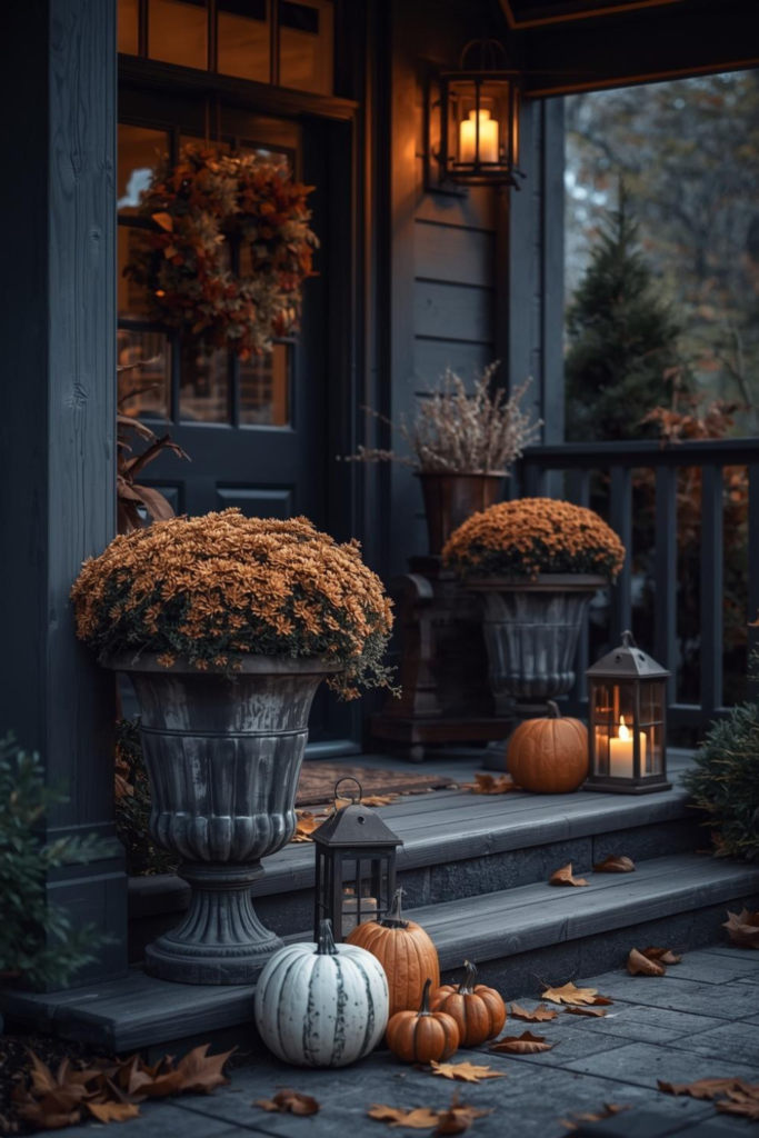 Moody Porch with Pumpkin Planters Lanterns3