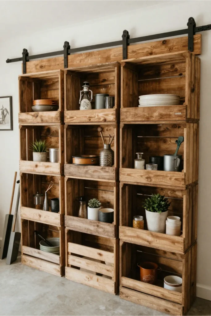 Rustic Farmhouse Crate Wall With Sliding Barn Track3