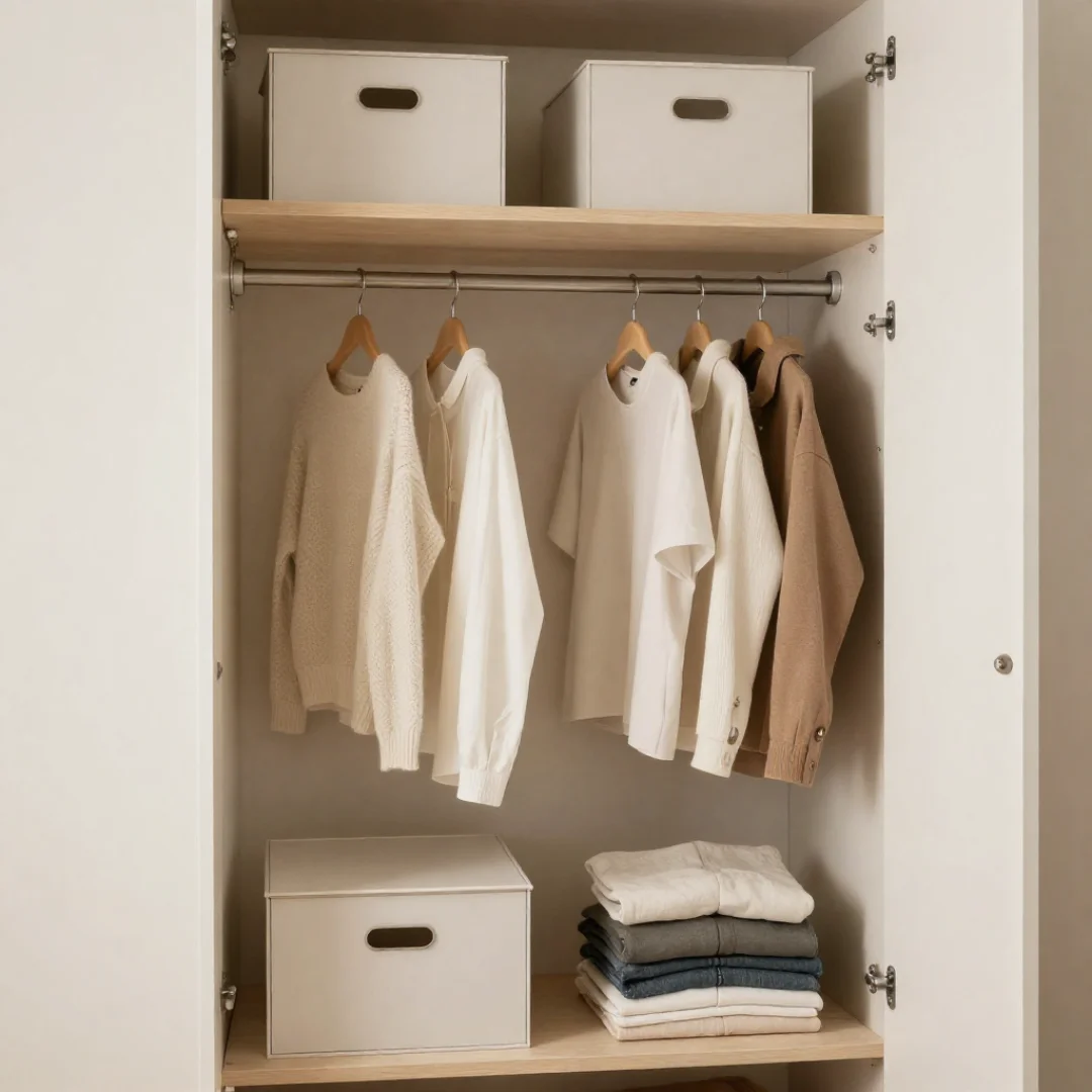 small closet with neutral tones