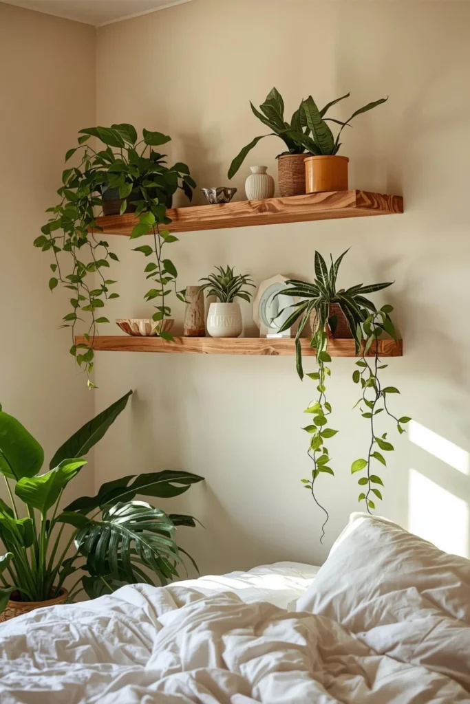 Floating Wood Shelves with Potted Foliage