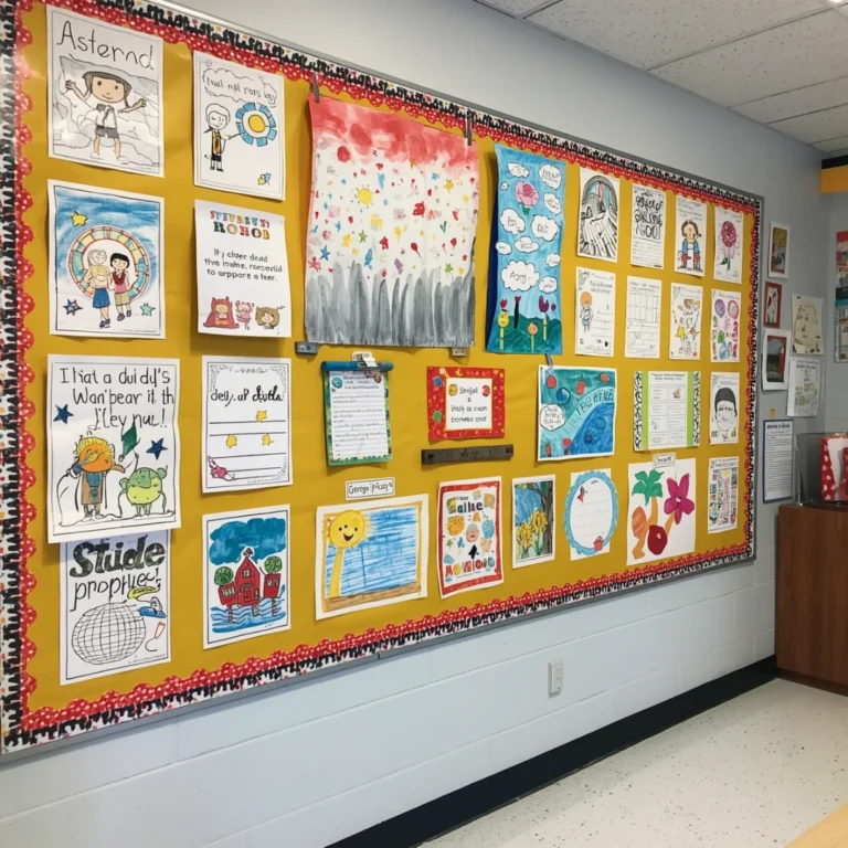classroom wall filled with neatly displayed student work