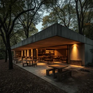 Brutalist-inspired Outdoor Coffee Shop Designs Built Around Nature & Trees