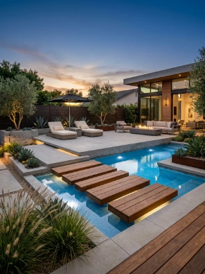 Raised Concrete Decks with Floating Wood Steps2