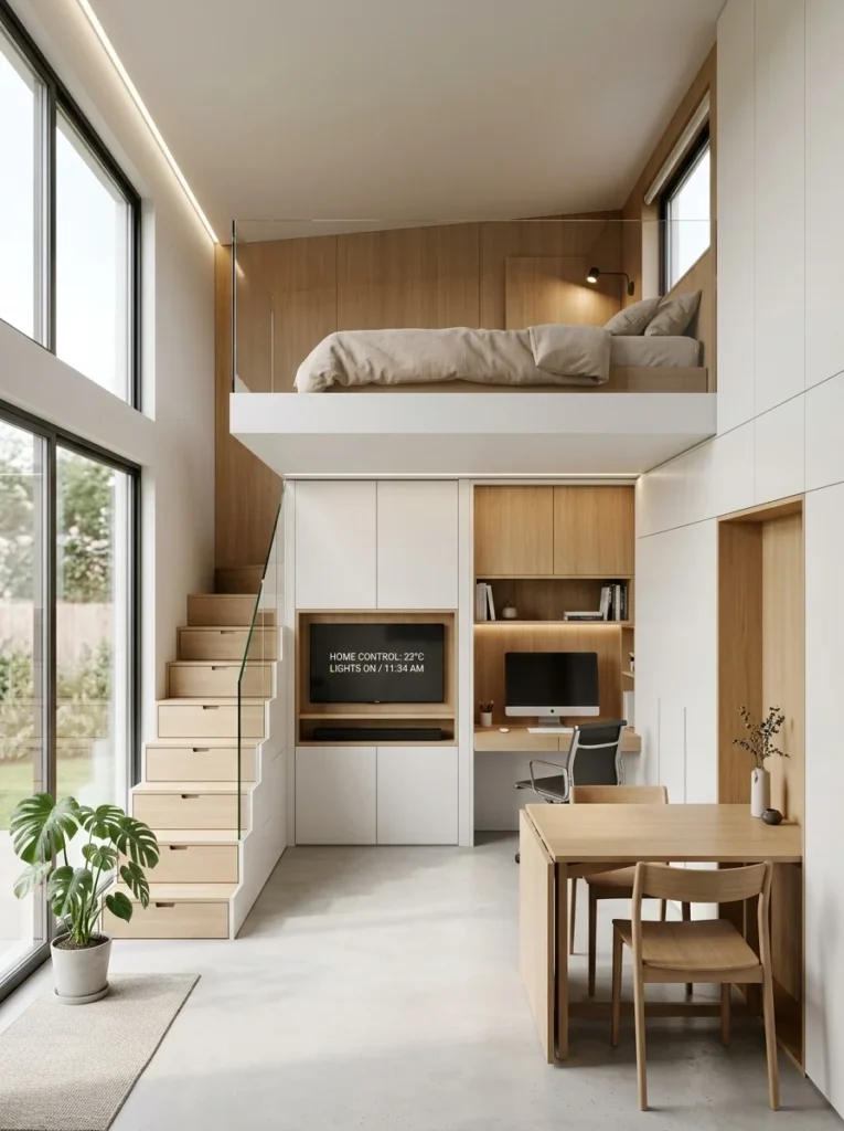 Smart Tech Tiny Loft Featuring Hidden