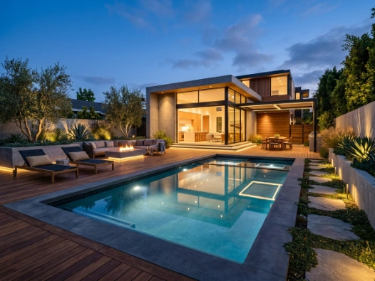 Stunning luxury backyard with a modern concrete pool