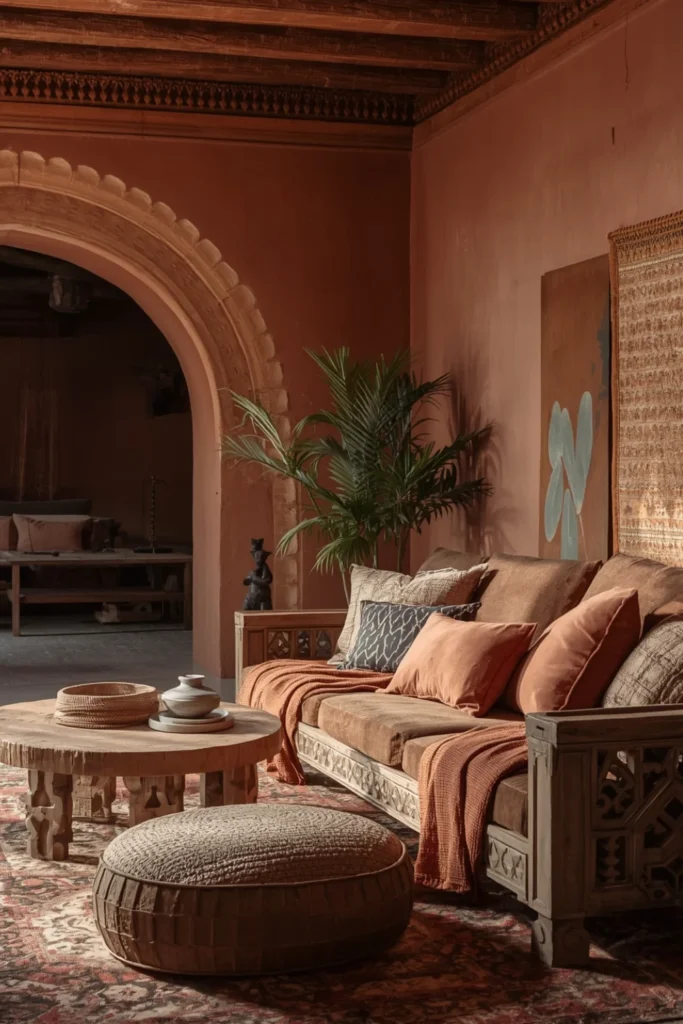 Terracotta Oasis With Carved Wood Drama