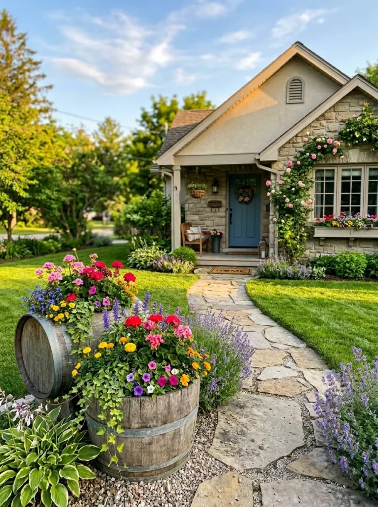 Front Yard Half Barrel Planters